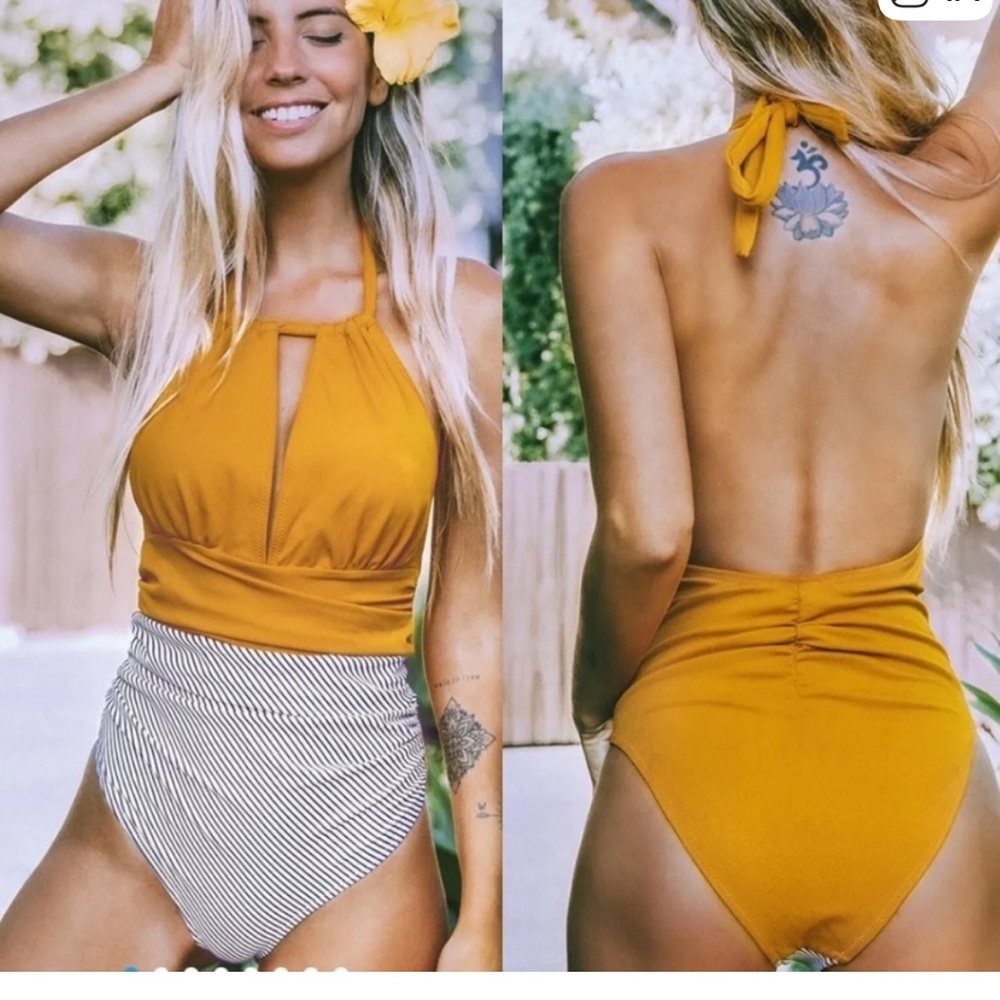 Cupshe Yellow And Striped Halter One Piece Swimsuit
